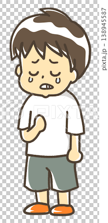 A person crying out of sadness, wearing a short-sleeved shirt and shorts. 138945587
