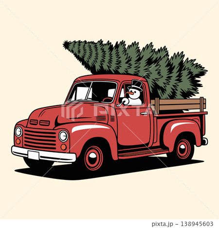Vintage Red Truck Carrying Christmas Tree with Snowman Driver Vintage Red Truck Carrying Christmas Tree with Snowman Driver 138945603