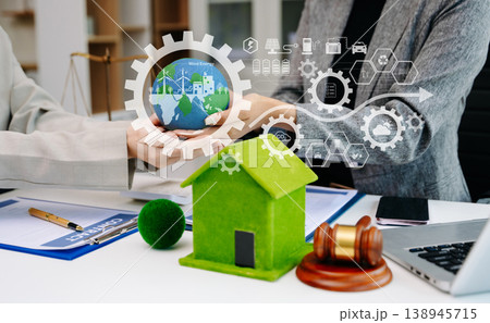 Eco business concept with ESG, green home, legal consulting, climate responsibility and sustainable investment for corporate strategy and environmental governance. Eco business concept with ESG, green home, legal consulting, climate responsibility and sustainable investment for corporate strategy and environmental governance. 138945715