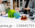 Eco business teamwork sharing the globe with green home, ESG values, legal support, property agreement and sustainable environmental responsibility. 138945755