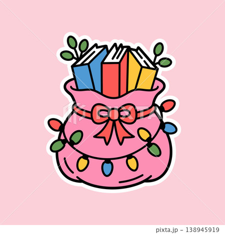 Holiday Book Sack with Bow, Lights, and Leaves Illustration Holiday Book Sack with Bow, Lights, and Leaves Illustration 138945919