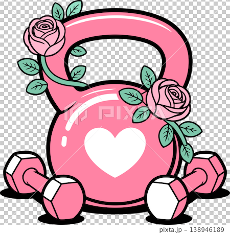 Pink Kettlebell with Roses and Heart Illustration Pink Kettlebell with Roses and Heart Illustration 138946189