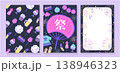 夜空色の背景に屋台フードの総柄と祭りうちわ・花火フレームを組み合わせた夏祭りの手描き風イラスト3点セ 138946323