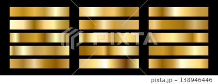 Gold gradient Foil swatches. Metallic Palette and copper satin. Metal degrade strip for shine effects. Holographic premium color design. Vector illustration Gold gradient Foil swatches. Metallic Palette and copper satin. Metal degrade strip for shine effects. Holographic premium color design. Vector illustration 138946446