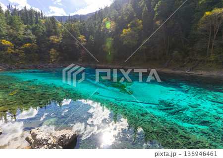 Fantastic view of the Five Colored Pool (the Colorful Pond) with azure crystal clear water among fall woods and evergreen forest in Jiuzhai Valley National Park in China. Fantastic view of the Five Colored Pool (the Colorful Pond) with azure crystal clear water among fall woods and evergreen forest in Jiuzhai Valley National Park in China. 138946461