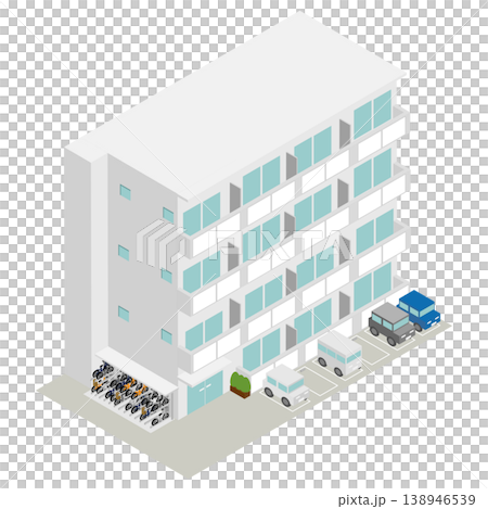 アイソメトリックな駐輪場と駐車場のあるマンションのイメージ素材 138946539