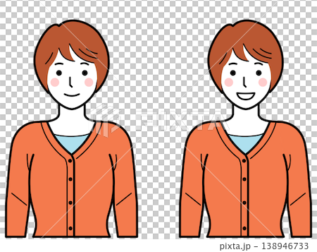 正面向き。腕をおろしたカーディガンを着た若い女性。その2 138946733