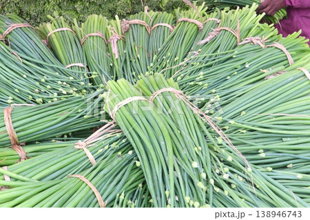 onion leaf bundle on shop for sell, harvest are cash crops onion leaf bundle on shop for sell, harvest are cash crops 138946743