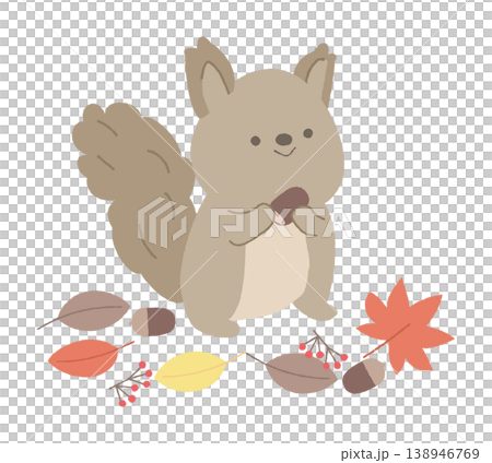リスとどんぐり、落ち葉や赤い実のイラスト リスとどんぐり、落ち葉や赤い実のイラスト 138946769
