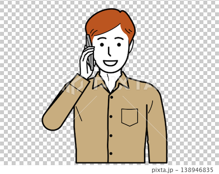 正面向き。スマホで電話するワイシャツを着た若い男性。その2 正面向き。スマホで電話するワイシャツを着た若い男性。その2 138946835