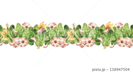 Cucumbers and garlic bulb with cloves, leaves and flowers seamless border. Watercolor Hand drawn illustration for homemade farm vegetable pickling, food packaging on Isolated white background pattern 138947504