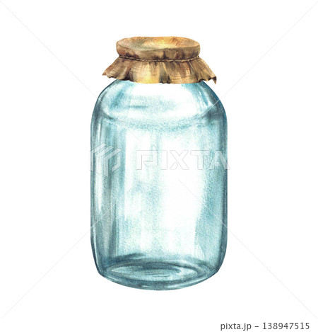 Watercolor glass jars Canvas burlap fabric lid tied with rope around. Empty containers for storage or home made preservation. Hand drawn realistic vintage illustration isolated on white background. Watercolor glass jars Canvas burlap fabric lid tied with rope around. Empty containers for storage or home made preservation. Hand drawn realistic vintage illustration isolated on white background. 138947515