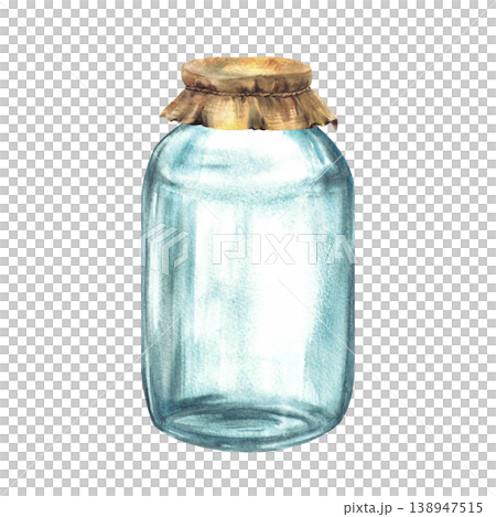 Watercolor glass jars Canvas burlap fabric lid tied with rope around. Empty containers for storage or home made preservation. Hand drawn realistic vintage illustration isolated on white background. Watercolor glass jars Canvas burlap fabric lid tied with rope around. Empty containers for storage or home made preservation. Hand drawn realistic vintage illustration isolated on white background. 138947515