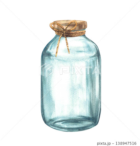 Watercolor glass jars with gold lid and beige rope bow. Empty transparent reusable eco-friendly container for storage or food preservation. Hand drawn vintage illustration isolated on white background 138947516