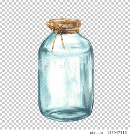 Watercolor glass jars with gold lid and beige rope bow. Empty transparent reusable eco-friendly container for storage or food preservation. Hand drawn vintage illustration isolated on white background 138947516