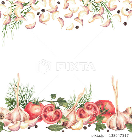 Tomatoes with garlic bulb, cloves, dill, bay leaves and black peppercorns frame. Watercolor set of fresh vegetables and herbs for marinating or pickling label, card. Hand drawn isolated illustration. Tomatoes with garlic bulb, cloves, dill, bay leaves and black peppercorns frame. Watercolor set of fresh vegetables and herbs for marinating or pickling label, card. Hand drawn isolated illustration. 138947517