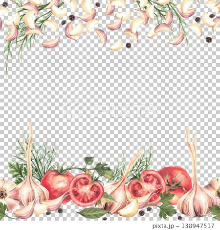 Tomatoes with garlic bulb, cloves, dill, bay leaves and black peppercorns frame. Watercolor set of fresh vegetables and herbs for marinating or pickling label, card. Hand drawn isolated illustration. 138947517