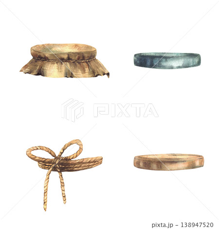 Set of jar lids, Gold, silver and Canvas burlap fabric lid tied with rope around. Watercolor vintage lid mix for glass preserving jars. Hand drawn illustration isolated from background for food design Set of jar lids, Gold, silver and Canvas burlap fabric lid tied with rope around. Watercolor vintage lid mix for glass preserving jars. Hand drawn illustration isolated from background for food design 138947520
