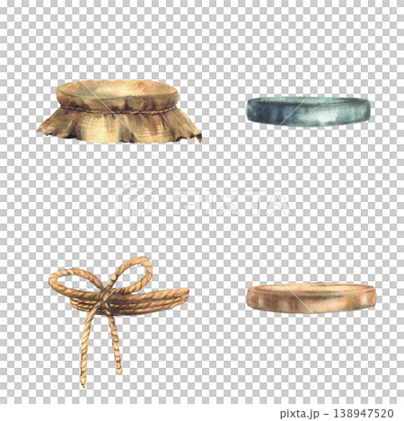 Set of jar lids, Gold, silver and Canvas burlap fabric lid tied with rope around. Watercolor vintage lid mix for glass preserving jars. Hand drawn illustration isolated from background for food design Set of jar lids, Gold, silver and Canvas burlap fabric lid tied with rope around. Watercolor vintage lid mix for glass preserving jars. Hand drawn illustration isolated from background for food design 138947520