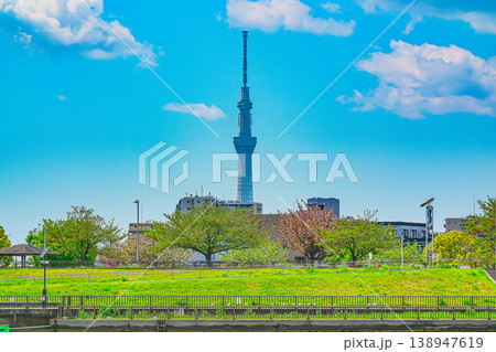 初夏の青空の広がる東京葛飾の中川の風景 初夏の青空の広がる東京葛飾の中川の風景 138947619