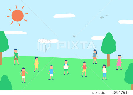自然の中で過ごす子供たちのイラストセット 自然の中で過ごす子供たちのイラストセット 138947632