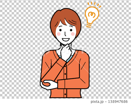 正面向き。あごに手をあて、ひらめき顔のカーディガンを着た若い女性。その2 138947686
