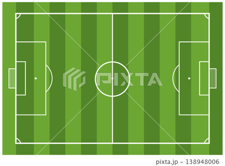Top view of a soccer field with clear white markings and green striped grass texture. Clean sports background ideal for football strategy planning, match analysis, and game design layouts 138948006