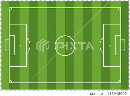 Top view of a soccer field with clear white markings and green striped grass texture. Clean sports background ideal for football strategy planning, match analysis, and game design layouts 138948006