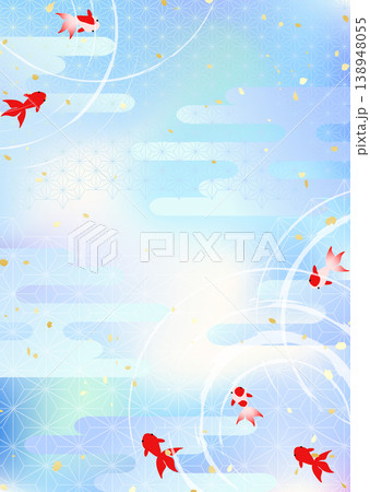 涼しげな水面の波紋と金魚　和風伝統模様背景イラスト 138948055