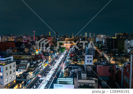 【東京都】俯瞰で見る夜の浅草寺の仲見世通り 【東京都】俯瞰で見る夜の浅草寺の仲見世通り 138948191