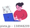 Young girl character at laptop learning coding, flat cartoon child programmer. Programming hobby and school lessons, kids computer science vector illustration, isolated colored scene 138948209