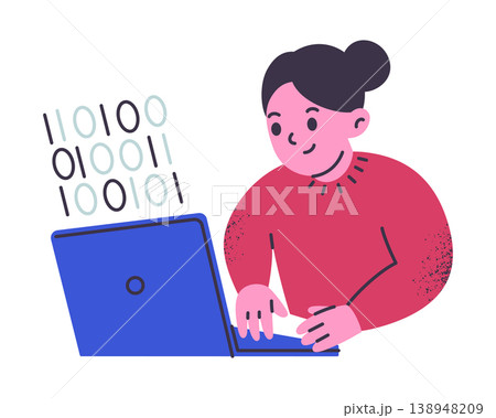 Young girl character at laptop learning coding, flat cartoon child programmer. Programming hobby and school lessons, kids computer science vector illustration, isolated colored scene 138948209