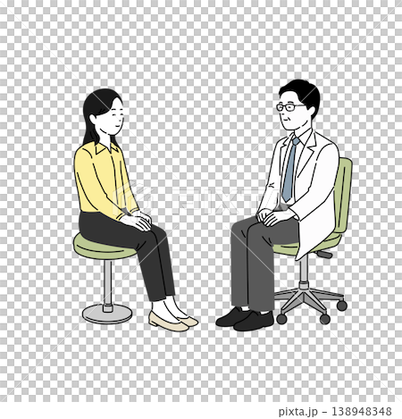 一幅插圖，描繪了一位女病人與一位男醫生互相微笑的場景。 138948348