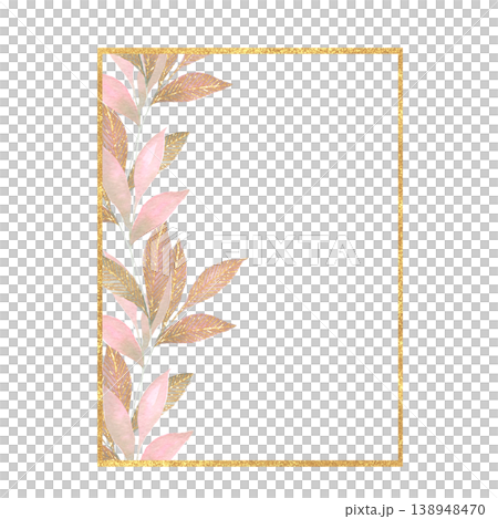 Gold rectangular frame with watercolor pink and gold leaves. Vertical glitter border. Botanical illustration. Hand drawn aesthetic 138948470