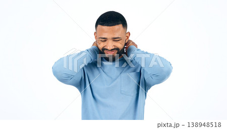 Neck pain, stress and man in studio with joint, problem or muscle tension on white background. Shoulder, injury and male model with anxiety for arthritis, fibromyalgia or osteoporosis anatomy risk Neck pain, stress and man in studio with joint, problem or muscle tension on white background. Shoulder, injury and male model with anxiety for arthritis, fibromyalgia or osteoporosis anatomy risk 138948518
