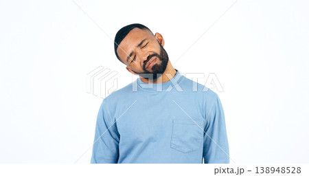 Stress, neck pain and young man in studio with headache, injury or accident for muscle sprain. Sick, migraine and person from Colombia with burnout, brain fog and anxiety isolated by white background Stress, neck pain and young man in studio with headache, injury or accident for muscle sprain. Sick, migraine and person from Colombia with burnout, brain fog and anxiety isolated by white background 138948528