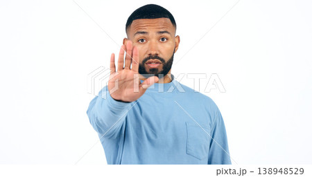 Stop, hand and portrait of man in studio with limits, control or warning order on white background. Protest, palm and face of male model with emoji vote, dont or no, rejection or not allowed sign Stop, hand and portrait of man in studio with limits, control or warning order on white background. Protest, palm and face of male model with emoji vote, dont or no, rejection or not allowed sign 138948529