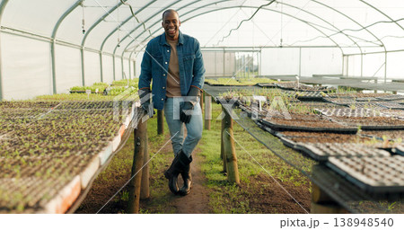 Greenhouse, agriculture and portrait of farmer with plants, smile and quality assurance in food production. Sustainable business, agro farming with happy black man or vegetable supplier in garden. 138948540