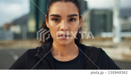 Fitness, city portrait and woman exercise, determined and ready for outdoor cardio, workout commitment or sports. Sweaty face, road and active athlete, runner or person for street training challenge Fitness, city portrait and woman exercise, determined and ready for outdoor cardio, workout commitment or sports. Sweaty face, road and active athlete, runner or person for street training challenge 138948562