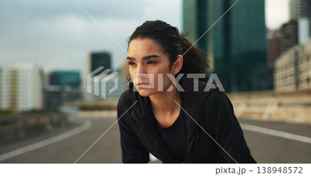 Woman, athlete and thinking outdoor for fitness, exercise or wellness with city background or nature. Runner, person or mindfulness for workout, training and healthy body with sportswear in town road 138948572