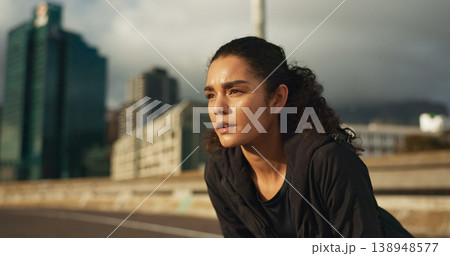 Woman, athlete and breathe outdoor for fitness, exercise or wellness with city background or nature. Runner, person and tired or relax for workout, training and healthy body with sportswear in street 138948577