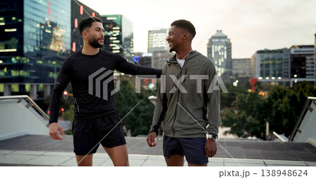 City, friends and men with fitness, support and happiness with sunset, progress and motivation. People, guys and runners outdoor, challenge or exercise with wellness, conversation or healthy activity City, friends and men with fitness, support and happiness with sunset, progress and motivation. People, guys and runners outdoor, challenge or exercise with wellness, conversation or healthy activity 138948624