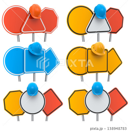 Blank traffic signs with different shapes and colors on metal poles on white background with clipping path, concept of road safety Blank traffic signs with different shapes and colors on metal poles on white background with clipping path, concept of road safety 138948783