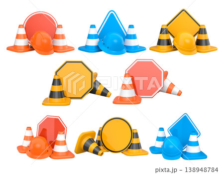 Construction traffic cones and road signs isolated on white background with clipping path, concept of safety gear 138948784