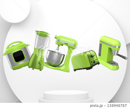 Set of kitchen appliances including mixer, toaster, blender, and coffee maker on white colorful podium and background Set of kitchen appliances including mixer, toaster, blender, and coffee maker on white colorful podium and background 138948787