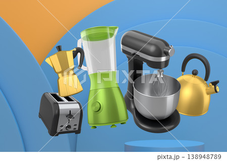 Assorted kitchen appliances including blender, toaster, kettle and coffee maker over podium on abstract background Assorted kitchen appliances including blender, toaster, kettle and coffee maker over podium on abstract background 138948789