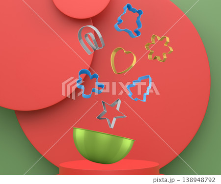 Set of cookie cutters float above a bowl and podium with abstract background, symbolizing baking creativity 138948792