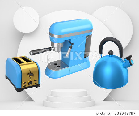 Assorted kitchen appliances including toaster, kettle and coffee maker over podium on abstract background Assorted kitchen appliances including toaster, kettle and coffee maker over podium on abstract background 138948797