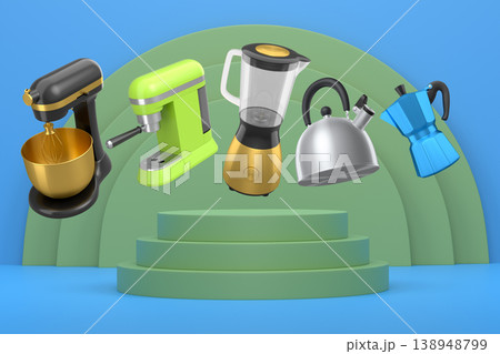 Set of kitchen appliances and utensils floating in mid-air over podium and abstract background, modern cooking concepts 138948799