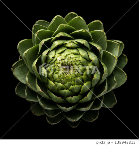 Green artichoke with a purple base is isolated on black background with clipping path Green artichoke with a purple base is isolated on black background with clipping path 138948813
